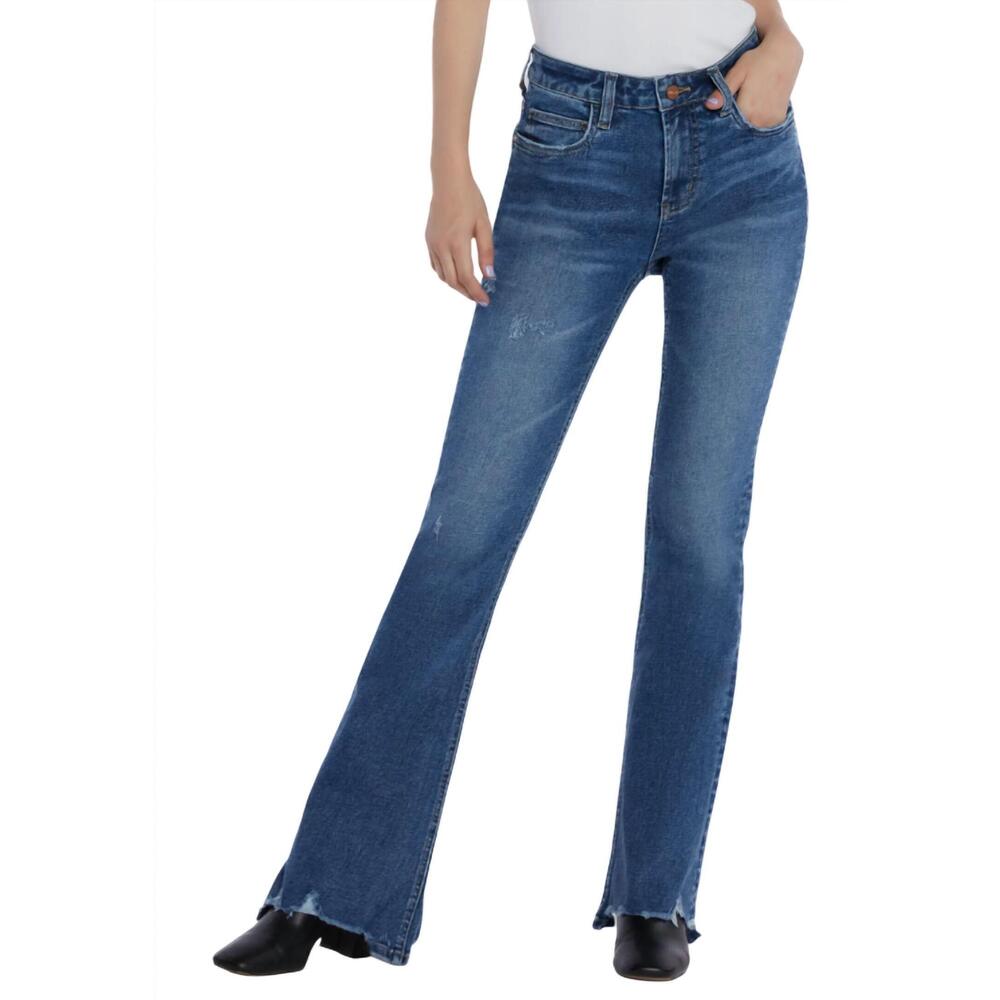 NEW HINT OF BLU distressed high waist flare jean in resort blue